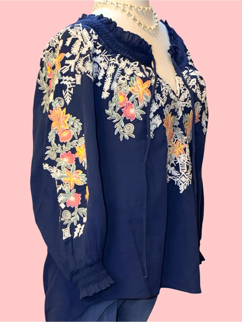 Sundance Navy Boho Peasant Tunic with Multicolor Floral Embroidery